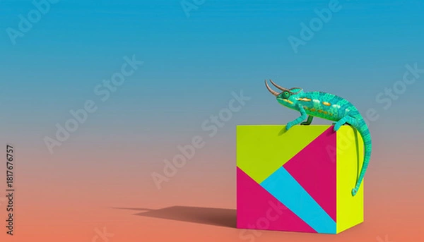 Fototapeta Chameleon on Colorful Geometric Pop Art Cube
