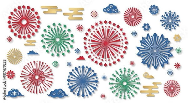 Fototapeta Colorful Fireworks Display with Red Blue Green and Gold Elements on White Background