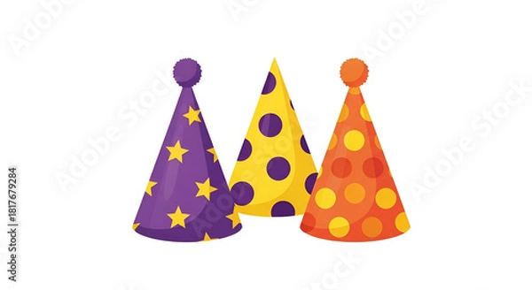 Obraz Colorful Party Hats with Stars and Polka Dots on White Background