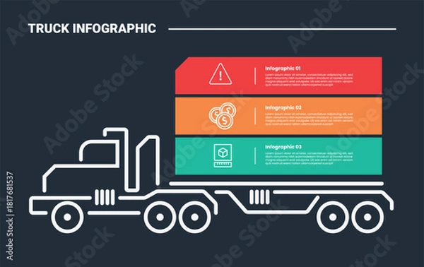 Fototapeta truck logistics transportation infographic process diagram with side view truck with long rectangle box container stacked list with dark background bright outline style 3 point