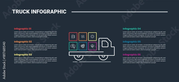 Fototapeta truck logistics transportation infographic process diagram with side view with square box stacked on truck behind with dark background bright outline style 6 point