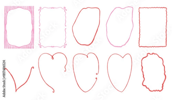 Fototapeta Valentine's Day Ribbon Frame Set, Hand Drawn Bow Borders, Vintage Style Decorative Heart and Rectangular Frames for Greeting Cards, Invitations, Printables