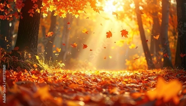 Obraz Sunlit autumn forest path with falling leaves in warm hues, creating a serene and beautiful nature scene