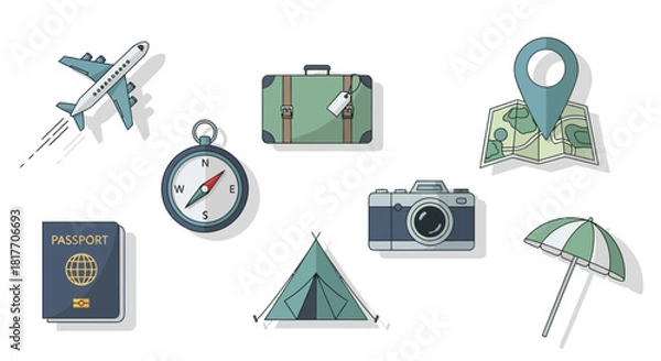 Obraz A collection of flat design travel and vacation icons, featuring an airplane, passport, camera, and map for planning a journey or adventure