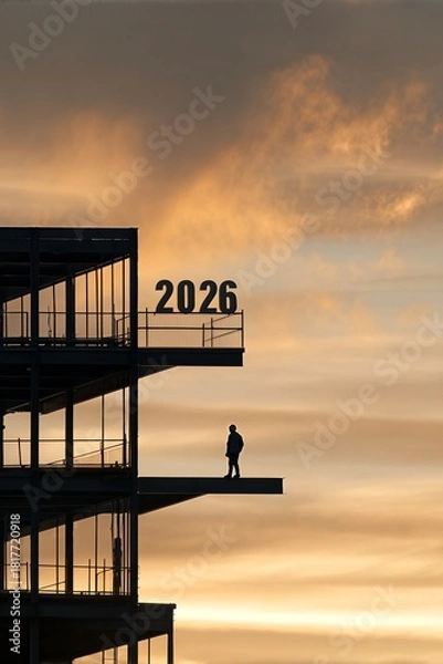 Obraz Silhouette of a Worker Against a Dramatic Sunset Sky with Year 2026 Displayed on Building Edge