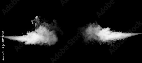 Fototapeta White smoke set on black background. Collection of isolated vapor textures for design, visual effects and digital art. Perfect for fog overlays, explosion scenes or industrial pollution concepts.