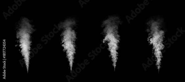 Fototapeta White smoke set on black background. Collection of isolated vapor textures for design, visual effects and digital art. Perfect for fog overlays, explosion scenes or industrial pollution concepts.