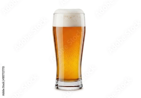 Fototapeta Refreshing glass of golden craft beer with frothy foam head.