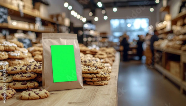 Obraz Delicious chocolate chip cookies in bakery with blank label for your brand, tempting treat for cafe menu or fresh baked goods promotion