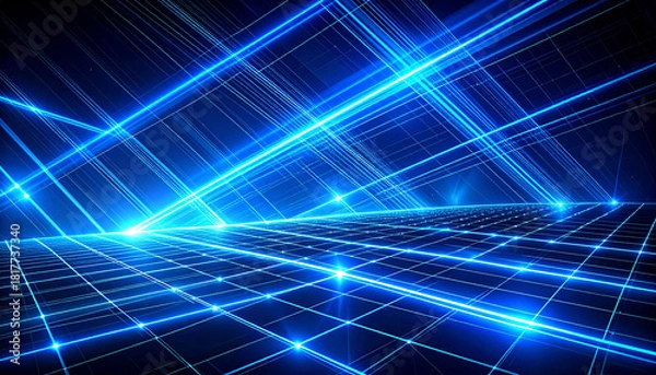 Obraz 青いグリッド空間に光が交差するサイバーテクノロジー背景
