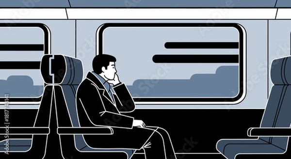 Fototapeta Illustration depicting a man traveling by train lost in thought looking out the window