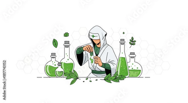 Fototapeta Herbalist preparing a natural remedy with laboratory equipment in a minimal art style design
