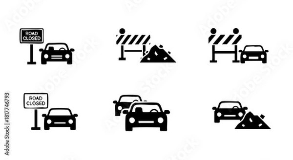 Obraz Six black icons depicting road closure and traffic situations with cars and construction barriers road closed sign