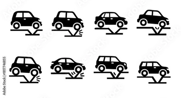 Obraz Black car icons on car lifts showing different vehicle types and lift positions car lift icon vehicle lift