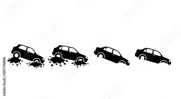 Obraz Four black car silhouettes stuck in mud and sand on white background vehicle