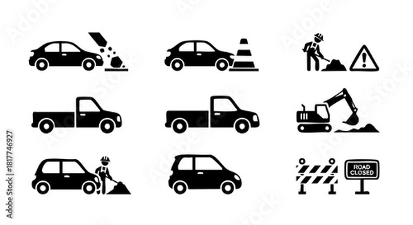 Obraz Set of black and white construction and traffic icons showing cars trucks excavator road closed sign and worker