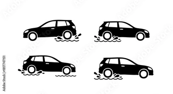 Obraz Four black car icons driving through water splashes vehicle