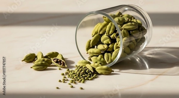 Obraz Aromatic Green Cardamom Pods and Seeds Spilling from Glass on Marble Surface