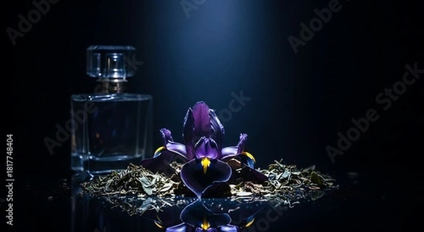 Obraz Luxury Perfume Bottle with Purple Iris Flower and Tea Leaves on Dark Background