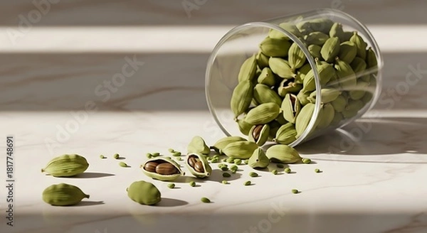 Obraz Close-up of Green Cardamom Pods Spilled from a Glass on a Marble Surface