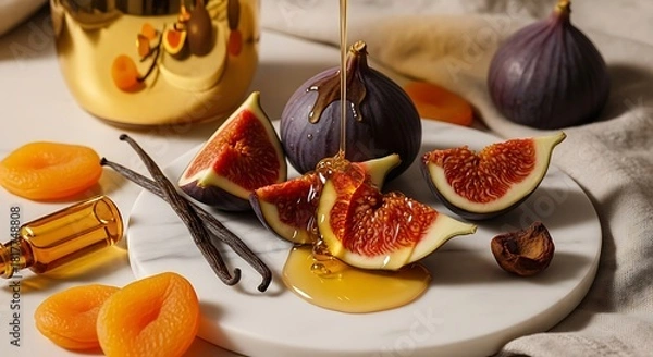 Obraz Elegant Still Life with Figs, Honey, Vanilla, and Dried Apricots on Marble Slab