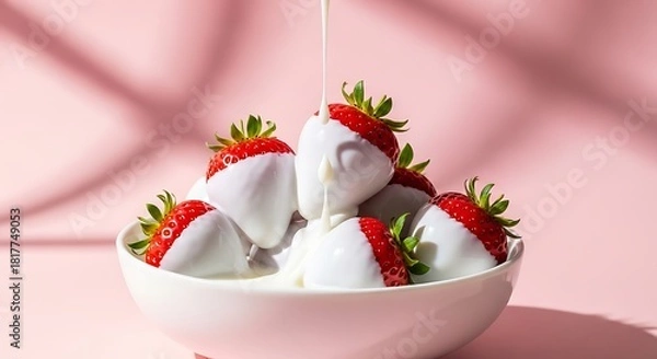 Obraz Fresh Strawberries Dipped in White Chocolate, Pink Background