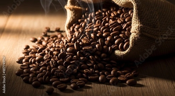Obraz Aromatic Roasted Coffee Beans Spilling from Burlap Sack on Wooden Surface