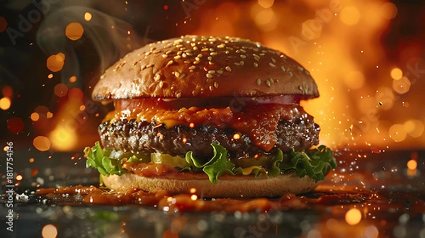 Obraz Close-up of a juicy beef burger topped with spicy curry sauce and fresh lettuce, ideal for fast-food searches, fusion recipes, and gourmet meals.
