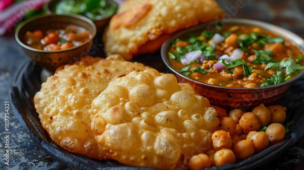 Obraz Close-up of a delicious chole bhature plate featuring spicy chickpea curry and fluffy fried bhature, ideal for Indian food and street cuisine searches.
