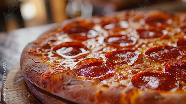 Obraz Close-up of a hot pepperoni pizza loaded with gooey melted cheese, ideal for fast-food searches, cravings, and delicious meal inspiration.
