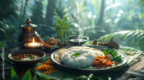 Obraz Close-up plate of crispy dosa served with hot sambar and chutneys, ideal for South Indian food searches and traditional meal inspiration.
