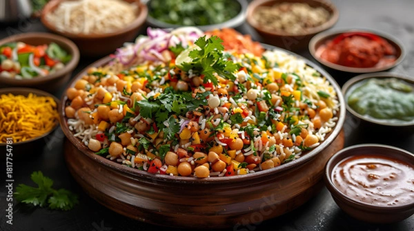 Obraz Close-up platter of spicy and tangy bhel puri made with puffed rice, chutneys, and crunchy toppings, ideal for Indian street food and snack searches.
