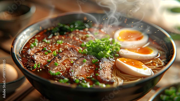 Obraz Close-up of a steaming bowl of ramen topped with tender pork slices, ideal for searches related to Asian cuisine, noodles, and comfort food.
