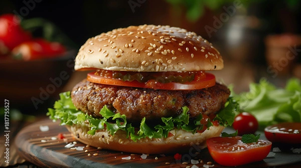 Obraz Close-up of a crispy samosa burger filled with a spiced potato patty, ideal for fusion food searches, street snacks, and creative recipes.
