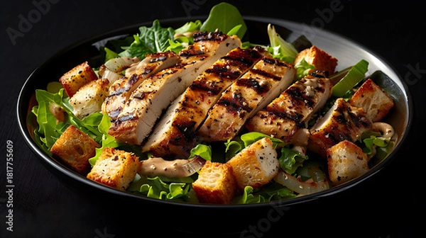 Obraz Close-up image of a fresh Caesar salad topped with crunchy croutons and creamy dressing, ideal for food, recipe, and healthy meal searches.
