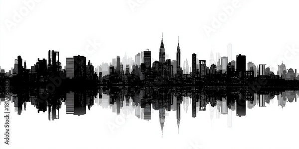 Fototapeta Black and white city skyline silhouette with reflection creates striking visual. tall buildings and skyscrapers are mirrored below, adding depth and symmetry to image