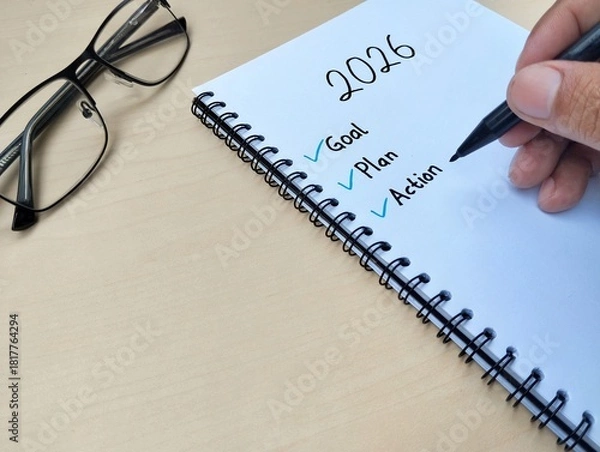 Obraz New year 2026 resolution concept. Goal, plan and action written on a notebook with wooden table background. Close up view 