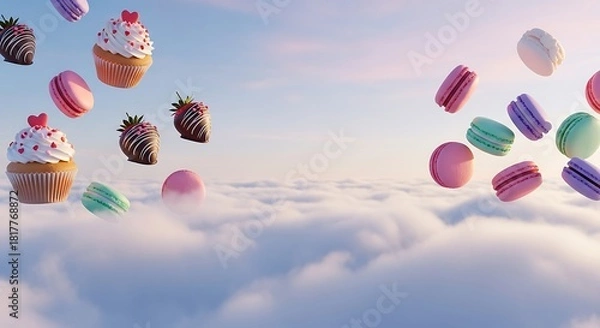 Fototapeta Below the clouds, visible hints of Valentine's desserts like cupcakes, chocolate-covered strawberries, pastel macarons, maintaining the dreamy floating theme