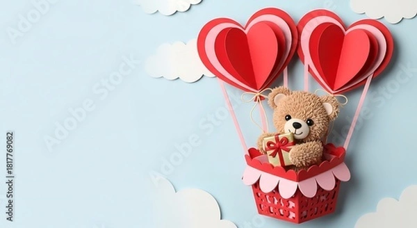 Fototapeta A small teddy bear sitting inside one of the heart balloon baskets, holding a chocolate gift, more character-focused but still in the same cute cut-paper style.