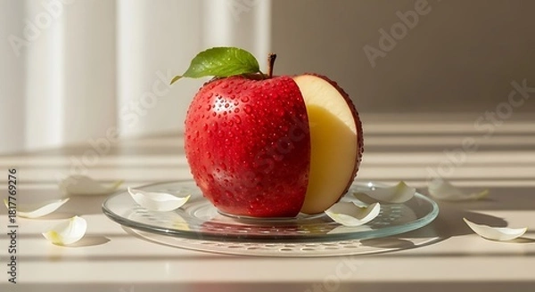 Obraz Fresh Red Apple Slice with Water Droplets and Petals in Sunlight