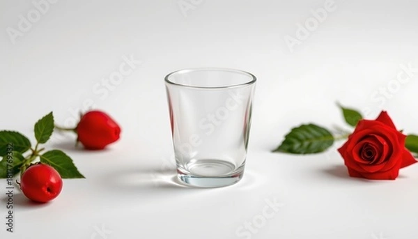 Fototapeta A clear glass with water droplets on its surface sits in front of two red roses, creating a symmetrical still life with a romantic theme