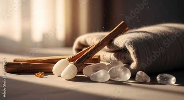 Obraz Serene Still Life: Quartz Crystals, Palo Santo, and Soft Blanket in Warm Light