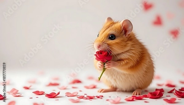 Fototapeta A tiny golden hamster sitting on a white surface, holding a miniature red rose with both paws, with heart-shaped candy pieces scattered around
