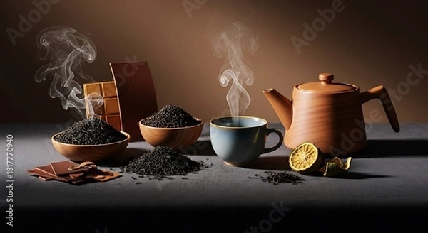 Obraz Elegant Still Life of Black Tea, Chocolate, and Lemon with Steaming Cup and Teapot
