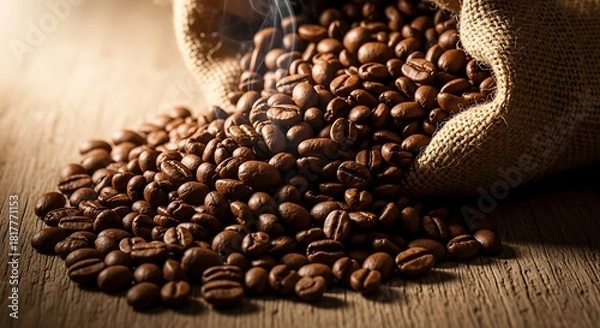 Obraz Fresh Roasted Coffee Beans Overflowing from Burlap Sack on Rustic Wood Table