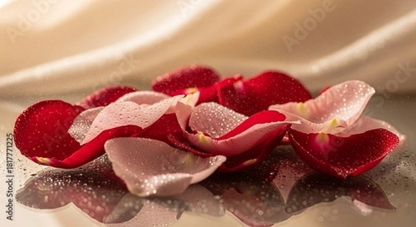 Obraz Elegant Rose Petals with Water Droplets on Reflective Surface