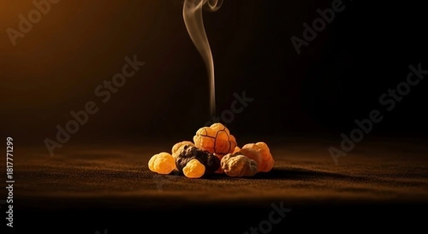 Obraz Burning Frankincense Resin with Smoke on Dark Background