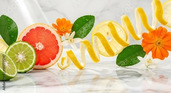 Obraz Fresh Citrus Fruit Arrangement with Lemon, Lime, and Grapefruit on Marble Background