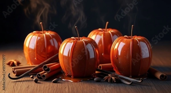Obraz Delicious Caramel Apples with Cinnamon, Vanilla, and Spices, a Warm Autumn Treat