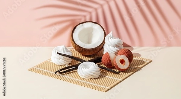 Obraz Exotic Dessert Still Life: Coconut, Lychee, Marshmallow, and Vanilla Beans on a Bamboo Mat
